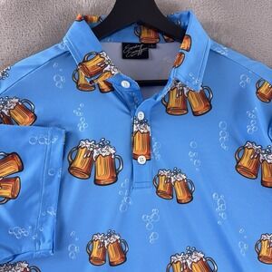 Sunday Swagger Beer Mug Golf Polo Shirt Mens Size Large Blue Stretch Active